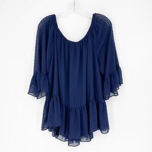 DR2 Swiss Dot Peplum Bell Sleeve Navy Top Size XL